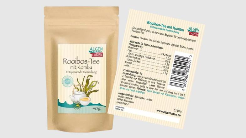 Packung eines Rooibos-Tees mit Kombu-Alge von vorne und hinten.  