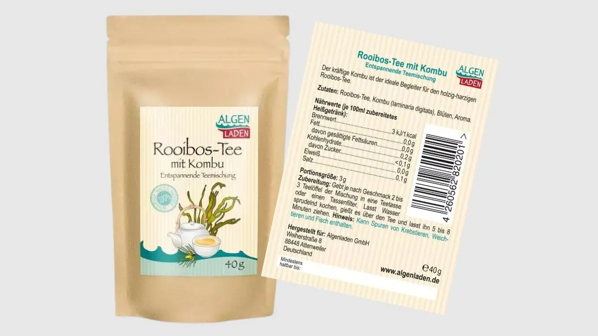 Packung eines Rooibos-Tees mit Kombu-Alge von vorne und hinten.