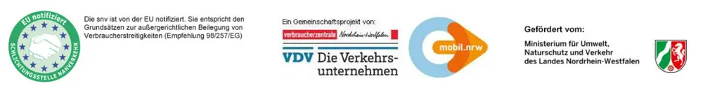 Die Förderlogos "EU notifiziert", Verbraucherzentrale NRW und den Verkehrsunternehmen sowie dem Ministerium für Umwelt, Naturschutz und Verkehr NRW