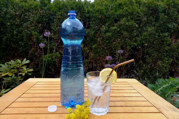 Eine blaue Plastikflasche mit Mineralwasser steht auf einem Holztisch im Garten. Daneben steht ein Glas Wasser mit Zitronenscheibe und Strohhalm.