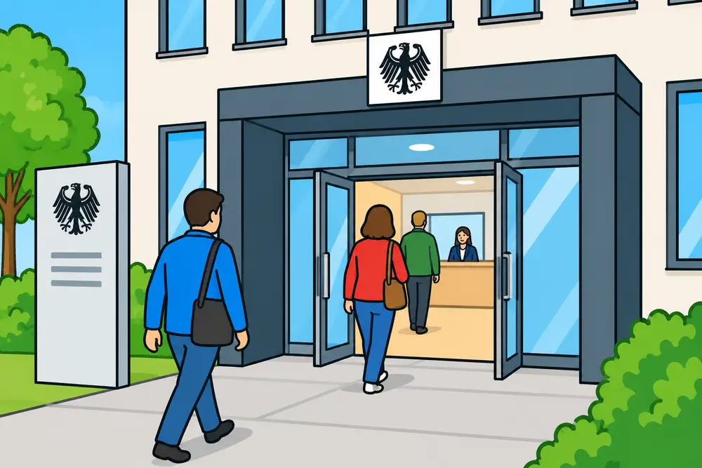 für leichte Sprache: Verwaltungsgebäude, in das verschiedene Menschen reinlaufen 
