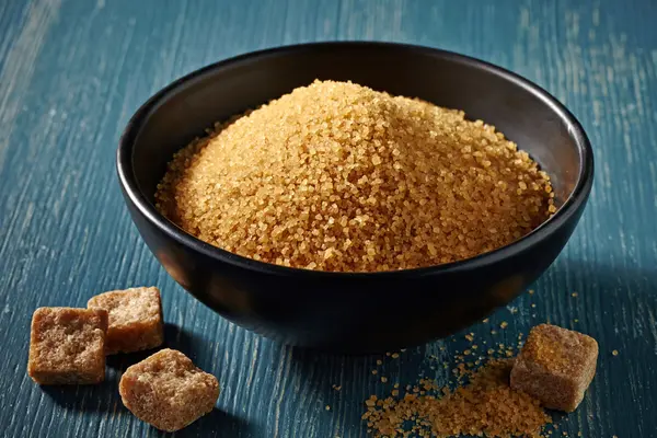 In einer Schüssel befindet sich loser Panela-Zucker, daneben liegen Zuckerwürfel aus Panela