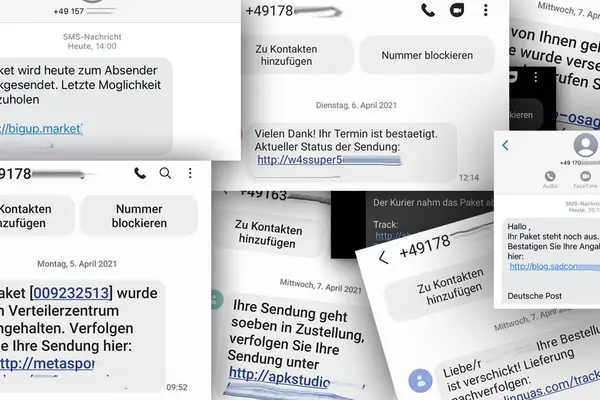 Collage aus Screenshots verschiedener falscher Paketdienst-SMS