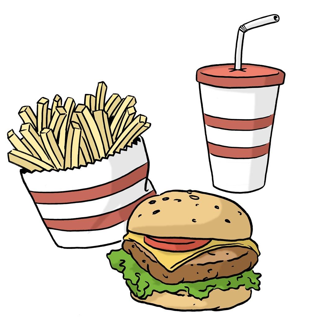 Pommes und Burger mit Getränk