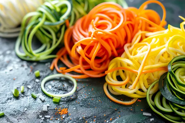 Mehrere Häufchen Karotten und Zucchini Nudeln