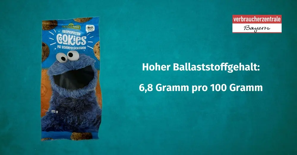 Produktfoto von Kinderkeksen mit der Angabe des Ballaststoffgehaltes
