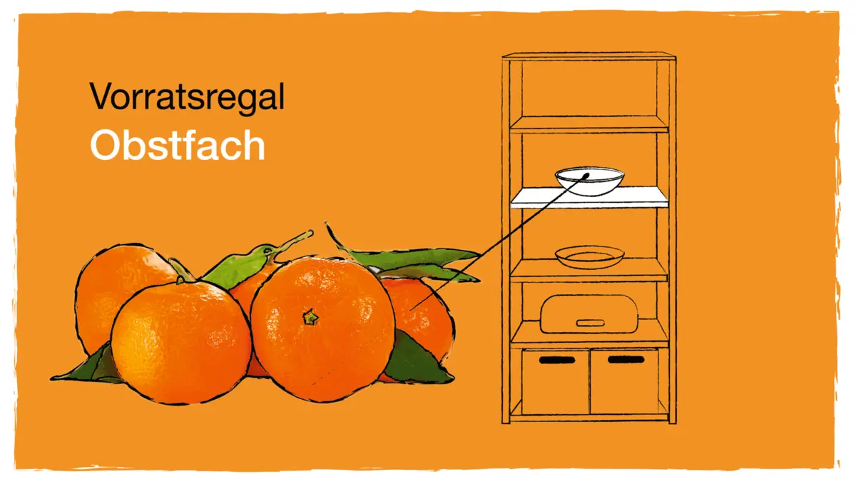 Zeichnung: Vorratsregal und Mandarinen