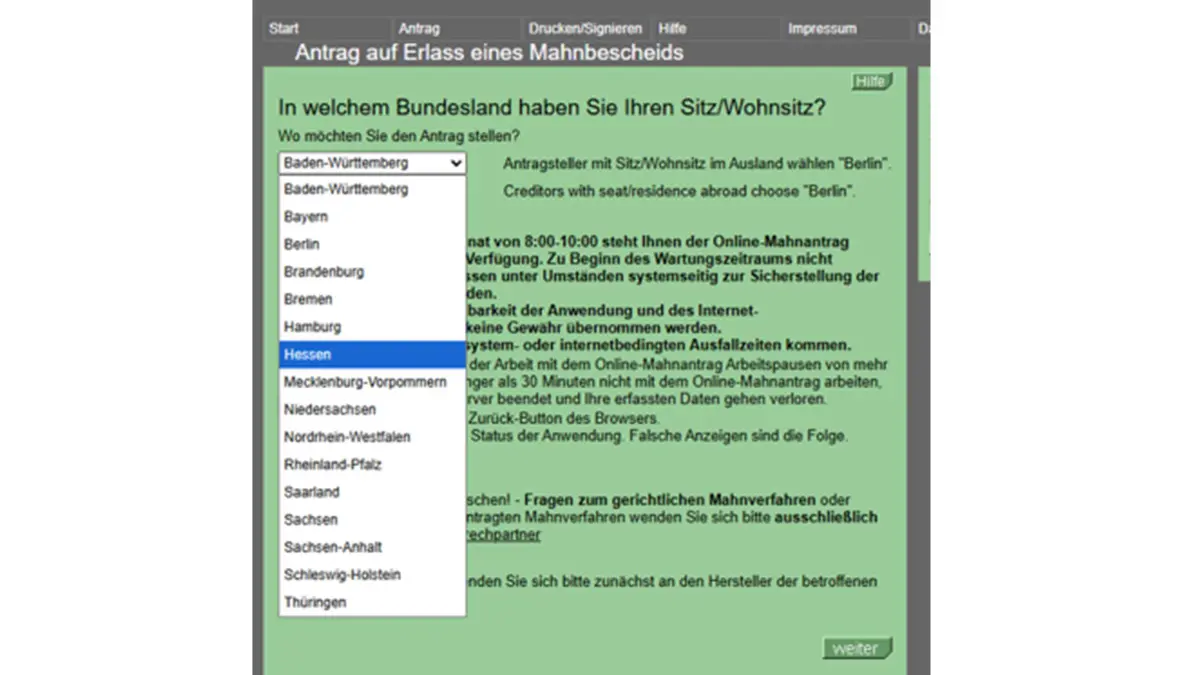 Screenshot einer Formularseite von online-mahnantrag.de