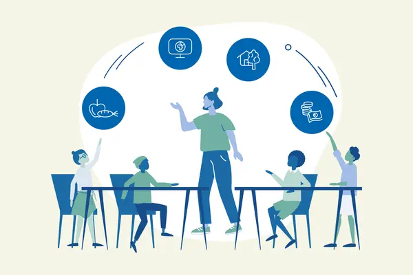 Ein Schaubild zeigt eine Lehrerin, um sie herum sitzen Schülerinnen und Schüler an ihren Tischen