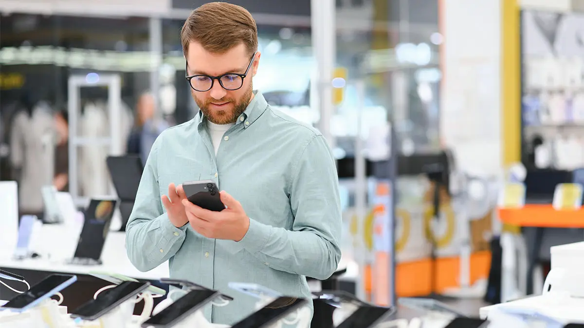 Mann sucht Smartphone in Elektronikmarkt aus