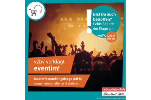 vzbv verklagt  eventim! Musterfeststellungsklage wegen einbehaltener Gebühren. Bist Du auch betroffen? Schleiße Dich der MFK an!