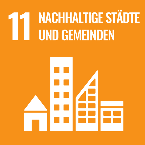 Grafik mit unterschiedlichen Hausfassaden, dazu der Text "11 Nachhaltige Städte und Gemeinden" 