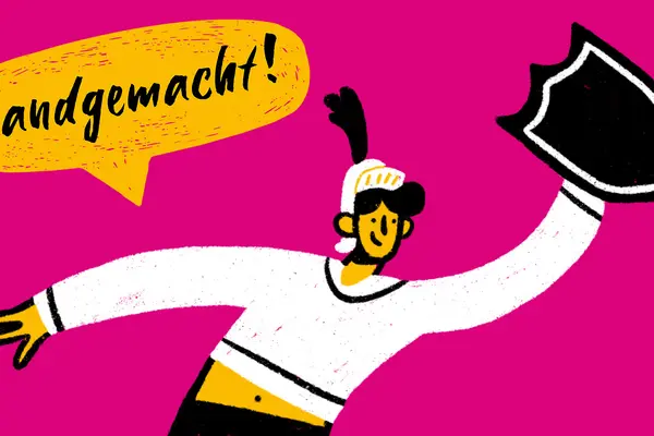ein Comic-Ritter hält ein Schild in die Luft. In der Sprechblase steht "Landgemacht"
