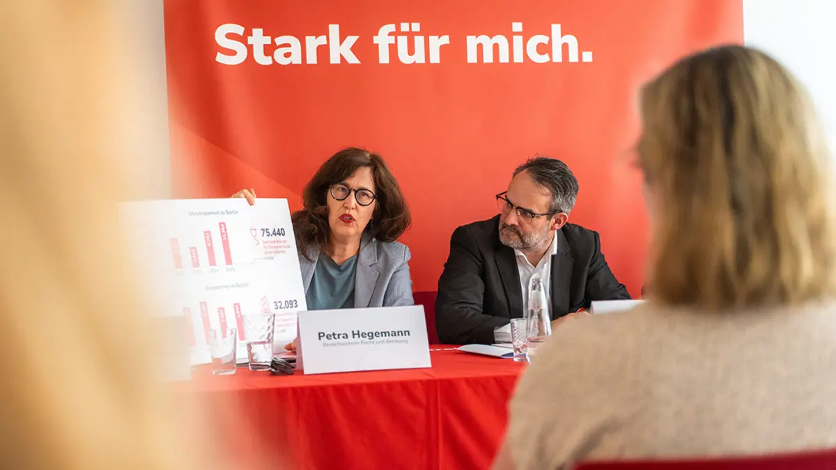 Petra Hegemann hält auf dem Podium der Jahrespressekonferenz Schild mit einer Grafik zu Energiesperren in Berlin. Daneben Markus Kamrad.