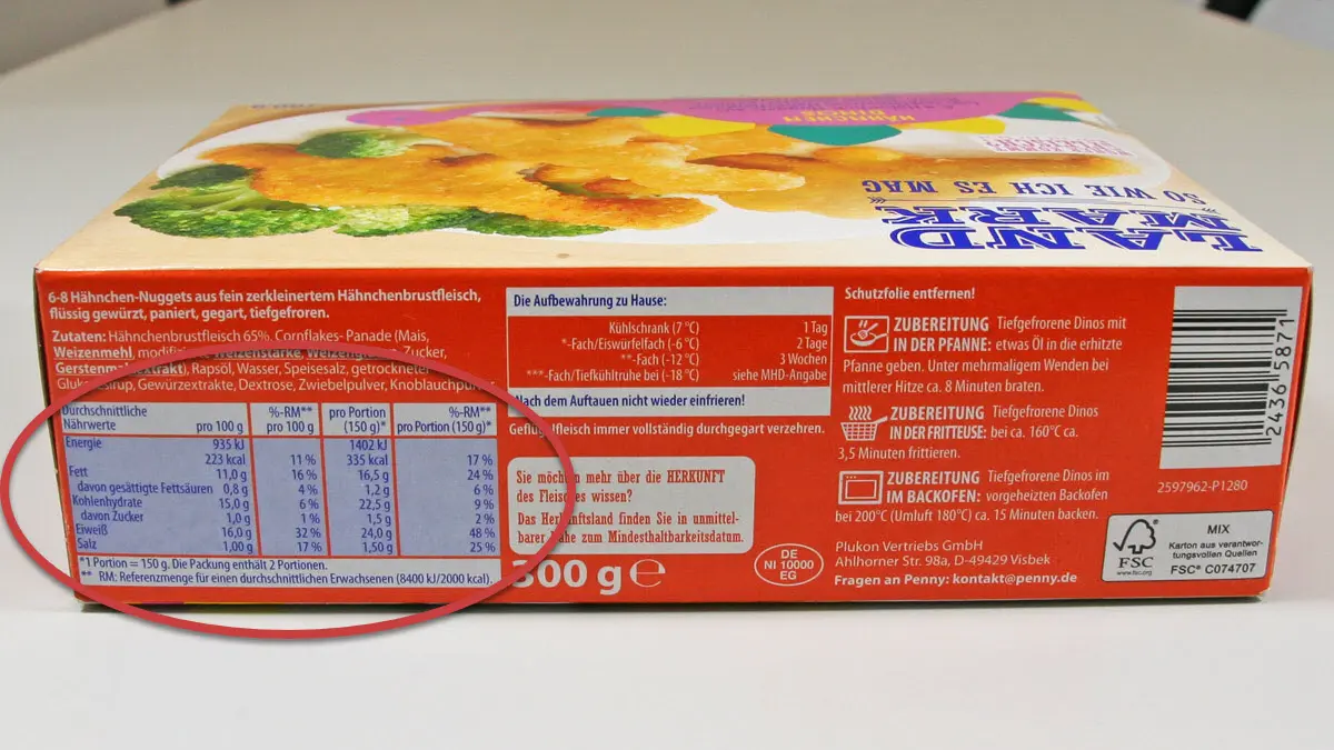 Marktcheck Kinder-Convenience-Food VZ Brandenburg Land Mark Hähnchen-Dinos Nährwerttabelle 2020