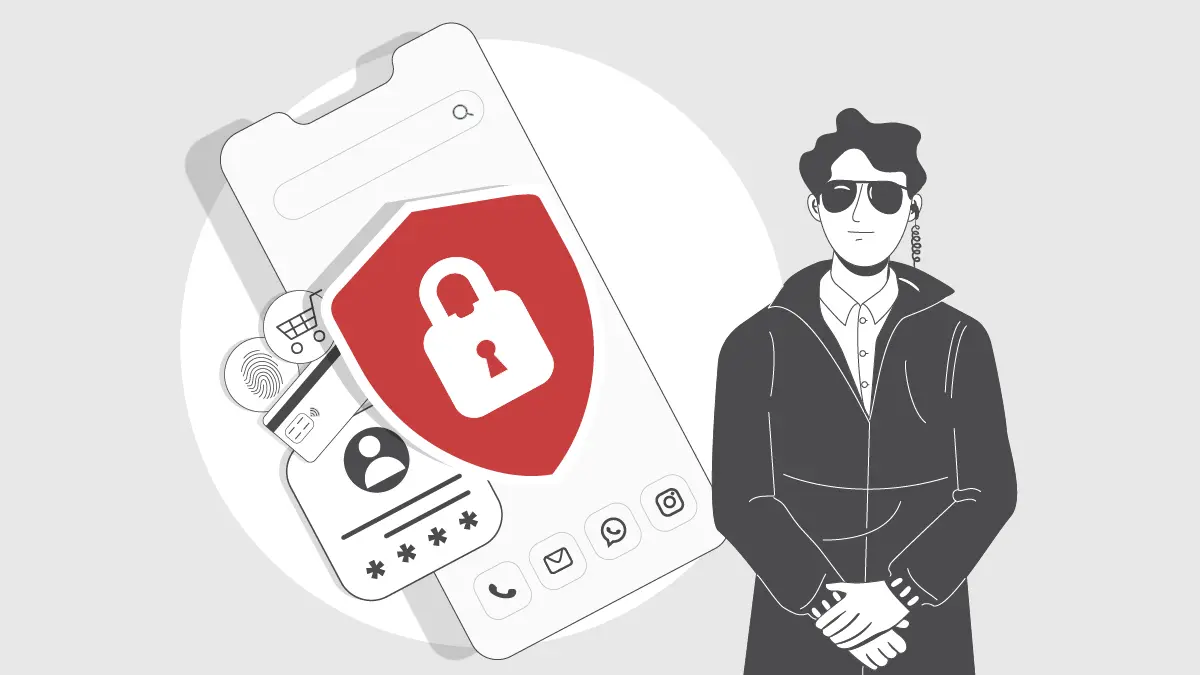 Die Grafik zeigt eine Illustration, die das Thema "Schutz von Online-Konten vor Hacking-Angriffen" darstellt. Sie besteht aus zwei Hauptteilen. Links ein großes Smartphone mit einem roten Schild und einem weißen Schloss-Symbol, das für Sicherheit steht. Links sind Symbole für verschiedene Sicherheitsmethoden wie Fingerabdruck, Passwort und Kommunikationstools zu sehen. Rechts steht eine Figur, die wie ein Sicherheitsagent aussieht, mit Sonnenbrille und Ohrhörer, was Wachsamkeit und Schutz symbolisiert.