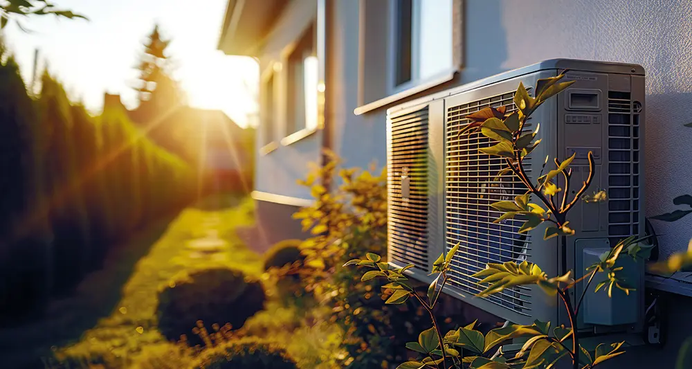 Wärmepumpe an einer Hauswand, im Hintergrund geht die Sonne gerade auf im angrenzenden Garten, vor der Wärmepumpe sieht man einen kleinen Ast von einem Busch