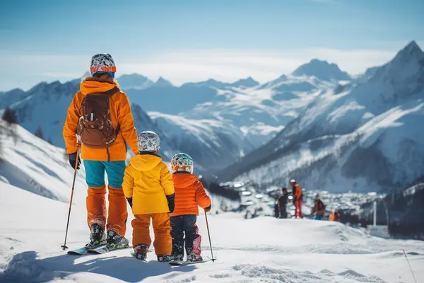 Ein erwachsener Mensch und zwei Kinder in Ski-Bekleidung schauen auf eine Ski-Piste.