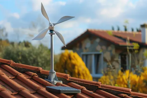 Eine kleine Windkraftanlage auf einem Wohnhaus. 
