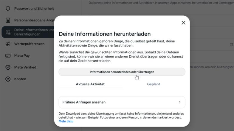 Screenshot der Datenanforderung bei Facebook