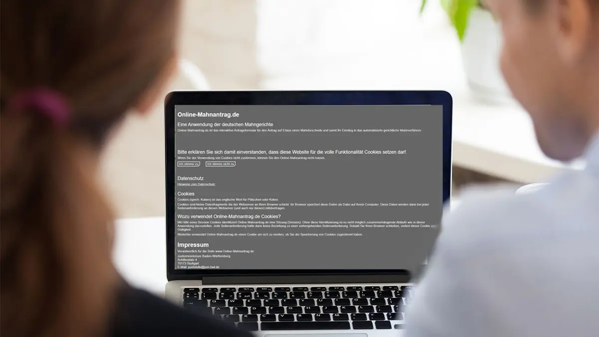 Ein Paar sitzt vor einem Laptop, auf dem Bildschirm die Seite www.online-mahnantrag.de