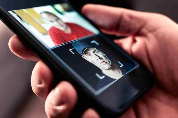  „Smartphone zeigt ein manipuliertes Porträt mit Deepfake-Technologie: Eine Person hält ein Handy, auf dessen Bildschirm ein Gesicht mithilfe künstlicher Intelligenz verändert wurde. Symbolbild für Deepfake, Gesichtstausch, Identitätsdiebstahl und KI-gestützte Bildbearbeitung.