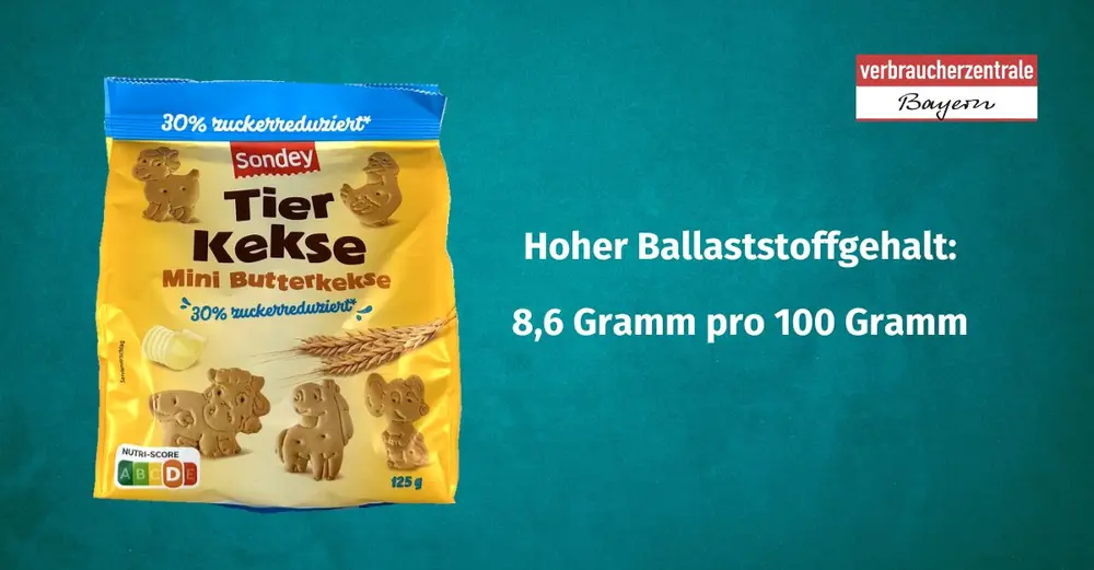 Produktfoto von Kinderkeksen mit der Angabe des Ballaststoffgehaltes