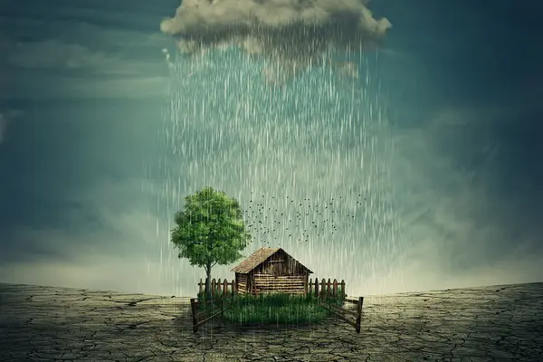 Haus in trockener Umgebung mit Baum und Regen