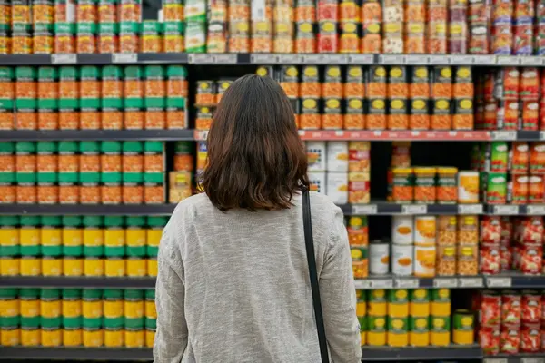 Eine Frau steht vor einem sehr großen Supermarktregal voller Fertigprodukte