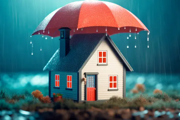 Regenschirm schützt Haus vor Regen