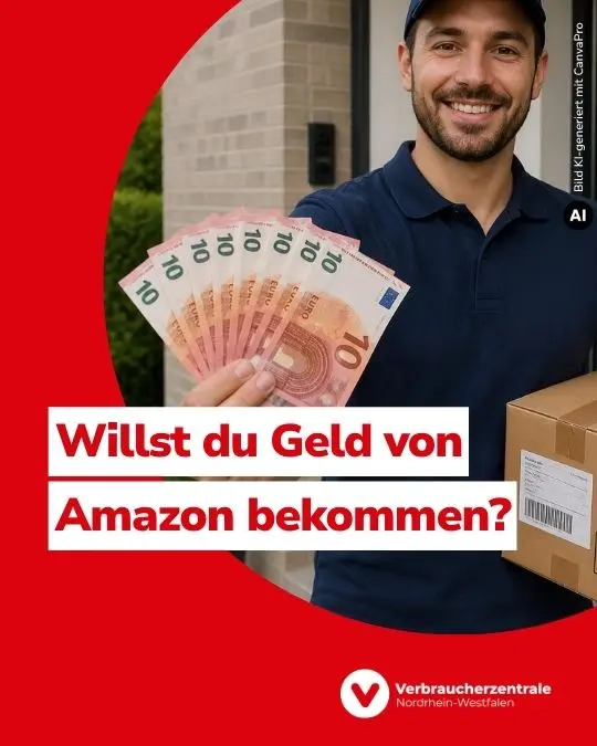 Mann in dunkelblauem Poloshirt mit Paket unter einem Arm hält lächelnd einen Fächer aus acht 10-Euro-Scheinen in die Kamera. Bild KI-generiert mit CanvaPro. Text: "Willst du Geld von Amazon bekommen?" und Logo der Verbraucherzentrale Nordrhein-Westfalen.