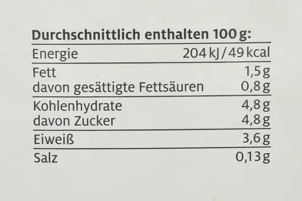 Das Foto zeigt die Nährwertangaben eines Lebensmittels bezogen auf 100 Gramm.