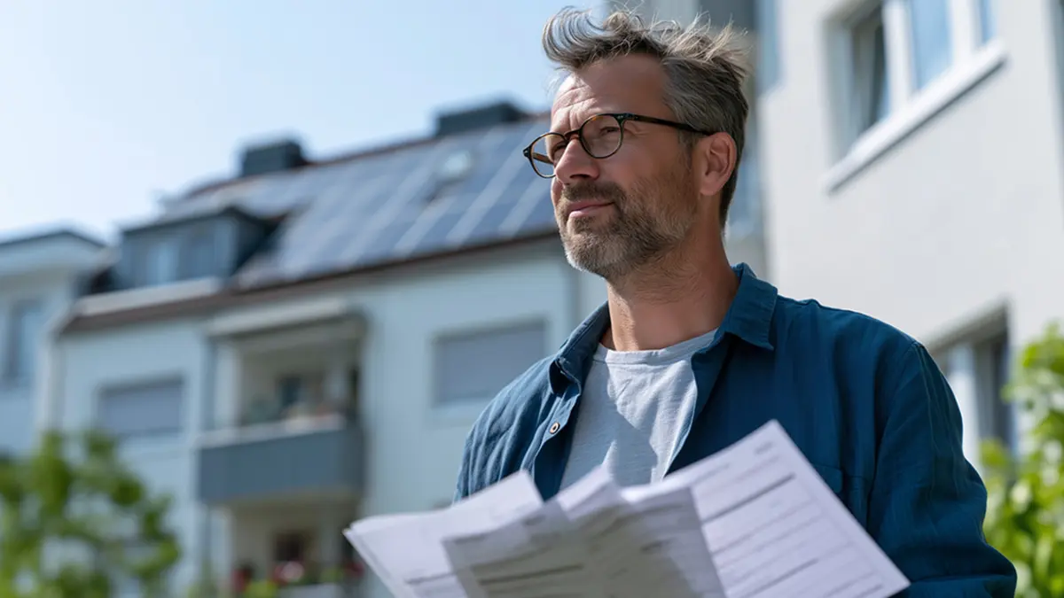 Mann steht vor Haus mit PV-Anlage und hält Angebote in der Hand