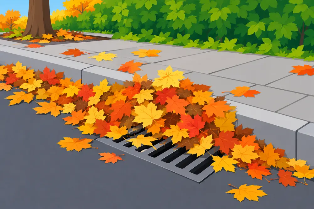 für leichte Sprache: Abflussgitter mit Herbstlaub