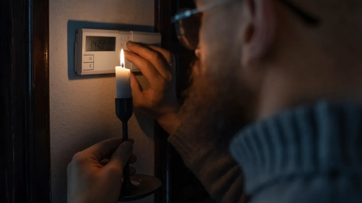 Ein Mann leuchtet bei Stromausfall mit einer Kerze am Sicherungskasten