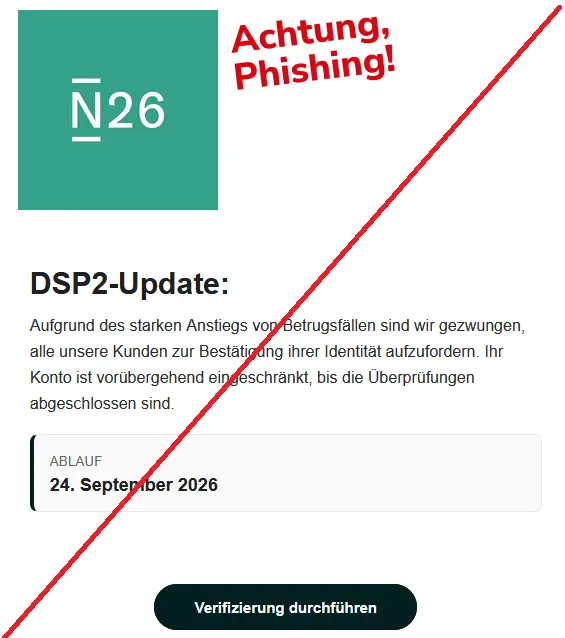 Screenshot einer N26-Phishing-Mail mit Logo: DSP2-Update:
Aufgrund des starken Anstiegs von Betrugsfällen sind wir gezwungen, alle unsere Kunden zur Bestätigung ihrer Identität aufzufordern. Ihr Konto ist vorübergehend eingeschränkt, bis die Überprüfungen abgeschlossen sind.
Ablauf
24. September 2026
Verifizierung durchführen