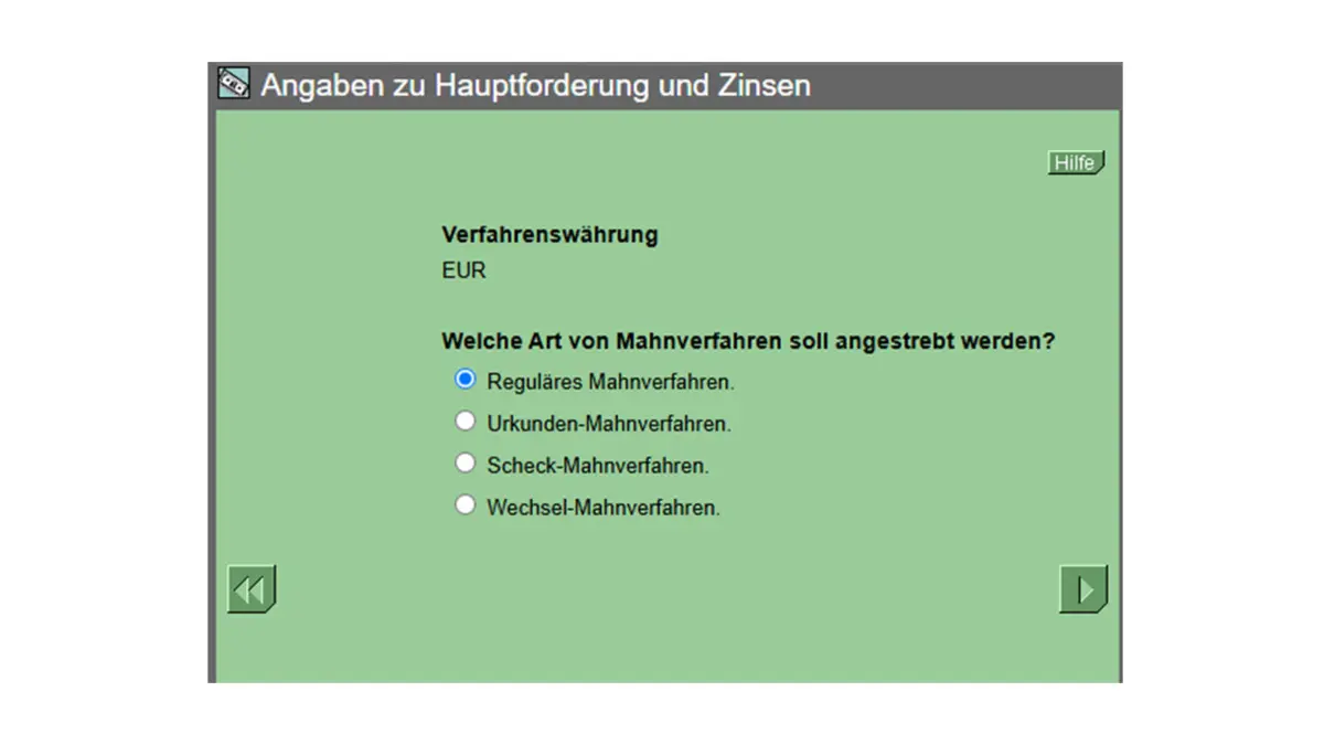 Screenshot einer Formularseite von online-mahnantrag.de