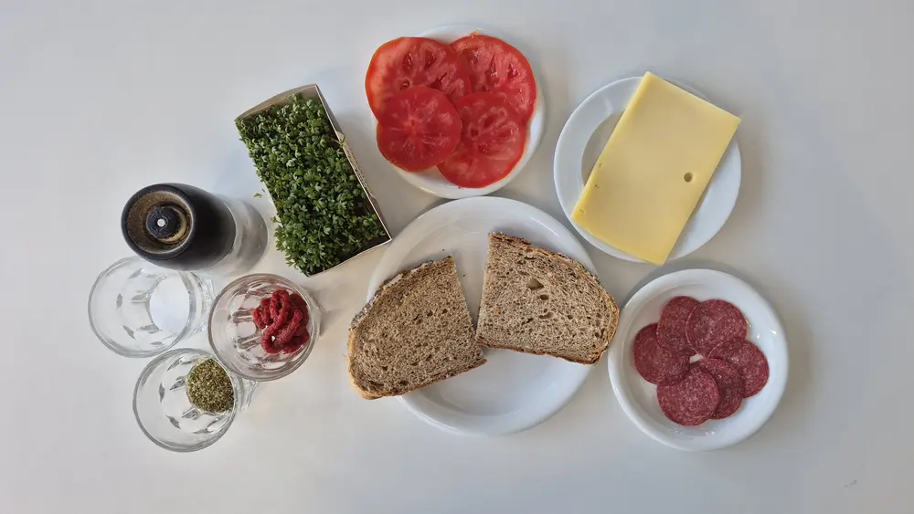 Zutaten für ein belegtes Sandwich aus der Vogelperspektive auf weißem Untergrund: zwei Scheiben Vollkornbrot, Tomatenscheiben, Schnittkäse, Salami, frische Kresse, Tomatenmark, getrocknete Kräuter und Gewürze.