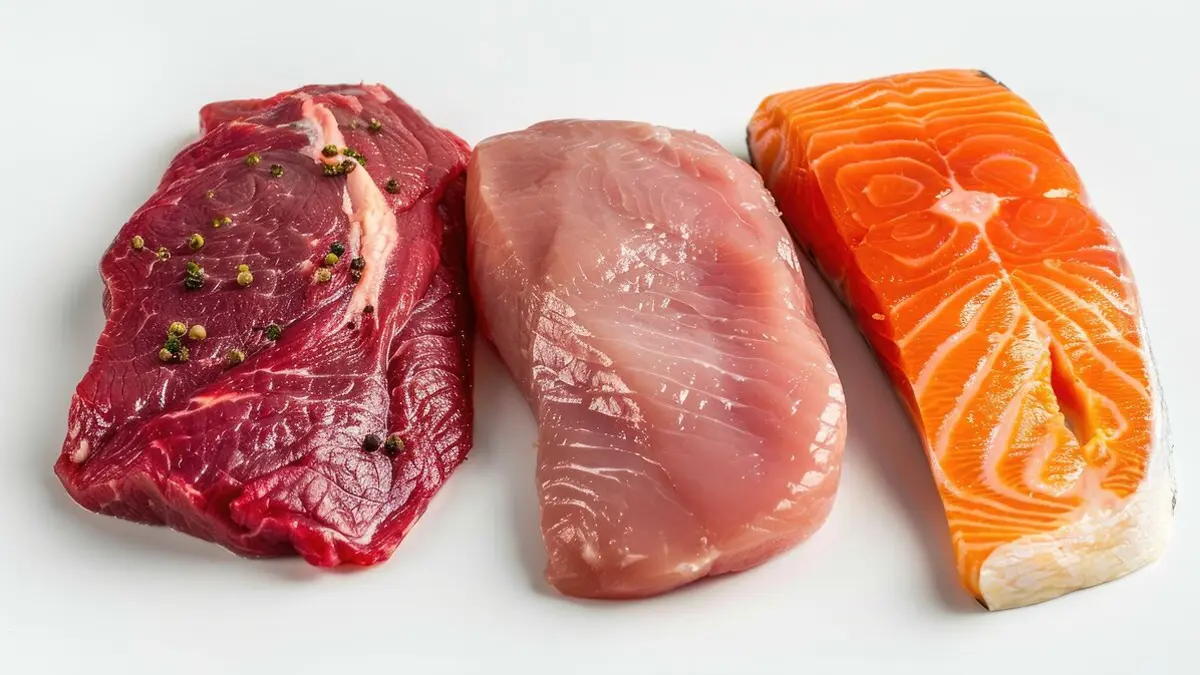Zwei Fleisch Filets und ein Stück Lachs
