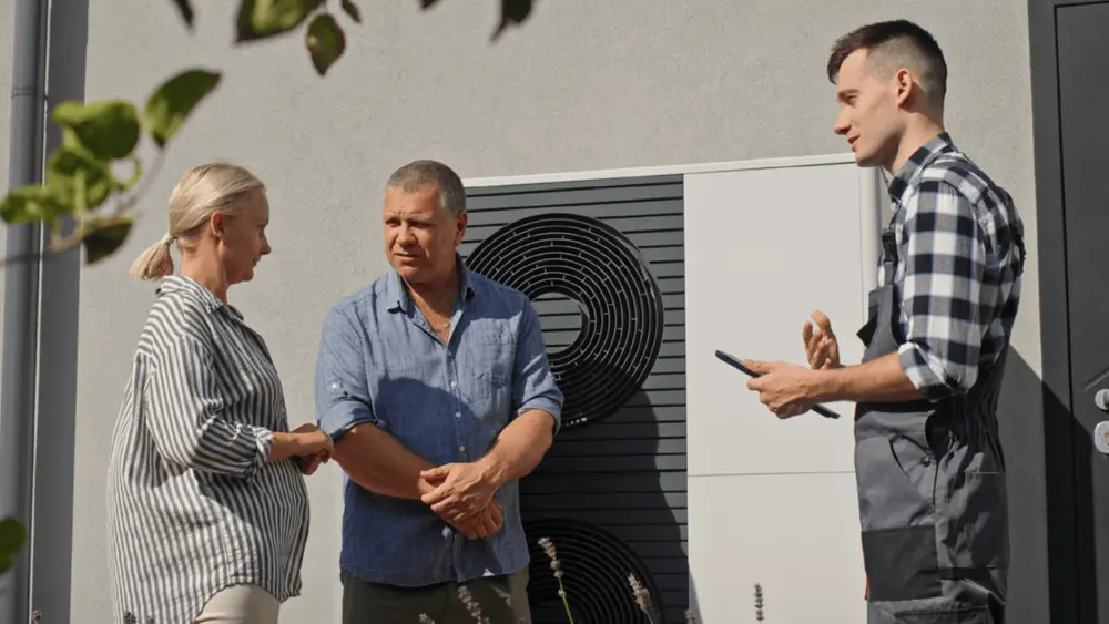 Personen im Gespräch vor einer Hausfassade mit Wärmepumpe