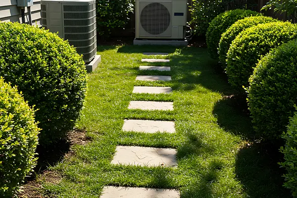 Eine Wärmepumpe steht hinten im Garten, und auf dem Weg zu ihr liegen Pflastersteine auf der Wiese.
