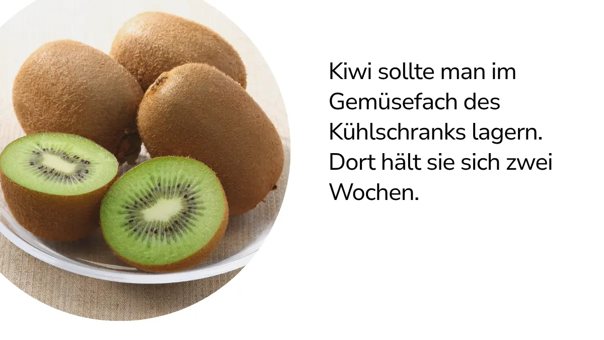 Kiwis mit Text ,,Kiwi sollte man im Gemüsefach des Kühlschranks lagern. Dort hält sie sich zwei Wochen."