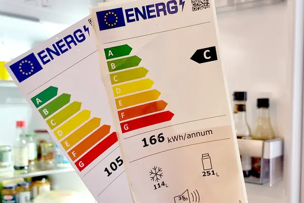 Zwei Energielabel vor einem offenen Kühlschrank