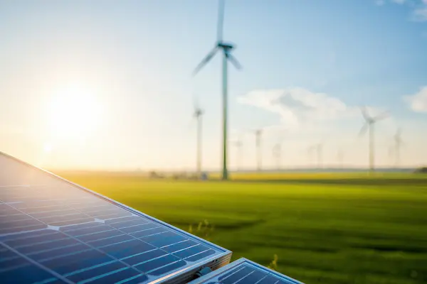Solarpanel und Windräder im Hintergrund