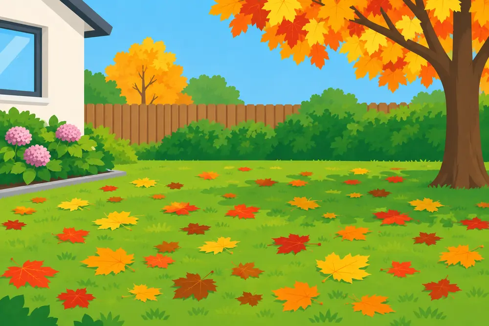 für leichte Sprache: Garten mit Baum und mit Herbstlaub auf der Wiese