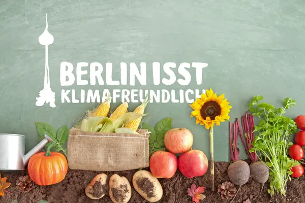 Sonneblume, Gemüse und Gießkanne sowie der Schriftzug "Berlin is(s)t klimafreundlich"