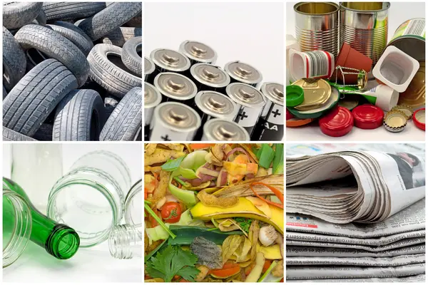 Collage aus Verpackungen und anderen Abfällen