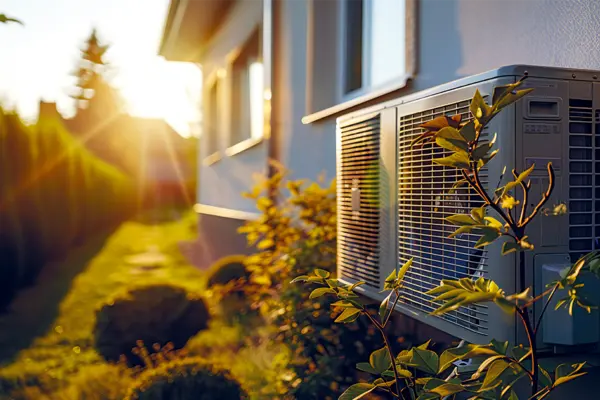Wärmepumpe vor Hauswand Sonnenuntergang