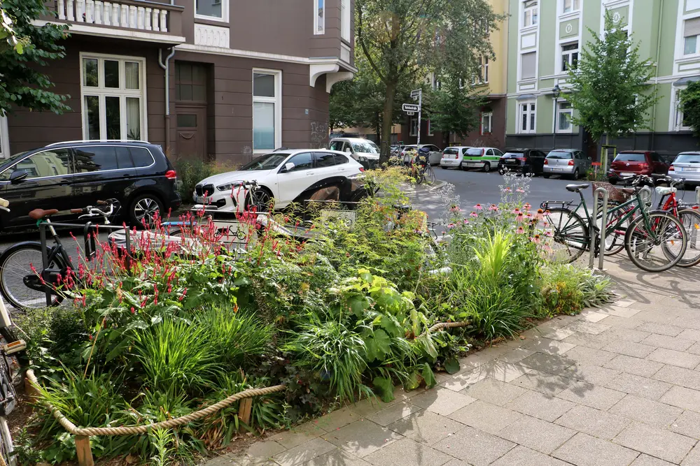 Bepflanzter Grünstreifen in der Stadt an Radstellplatz