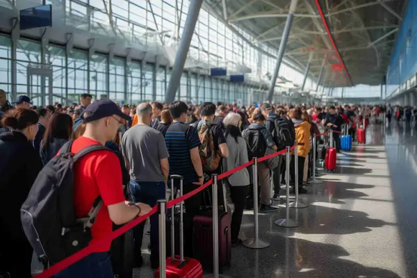 Schlange von Menschen am Flughafen